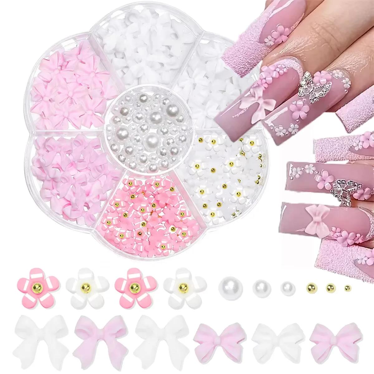 Mélange acrylique nœud papillon 3D Nail Art décorations fleur résine breloques or perles Caviar perl