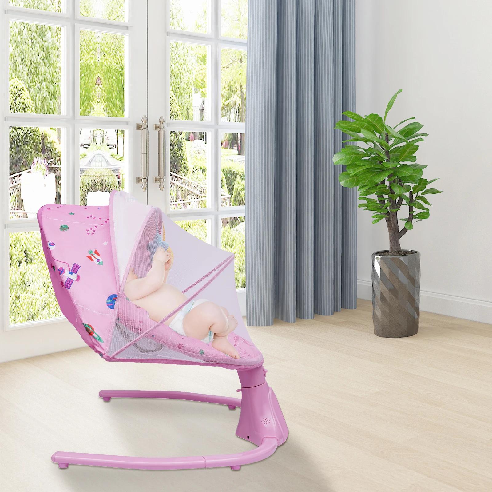 Transat bébé rose, réglable sur 3 positions et 4 vitesses de balancement, 12 berceuses Bluetooth, ca