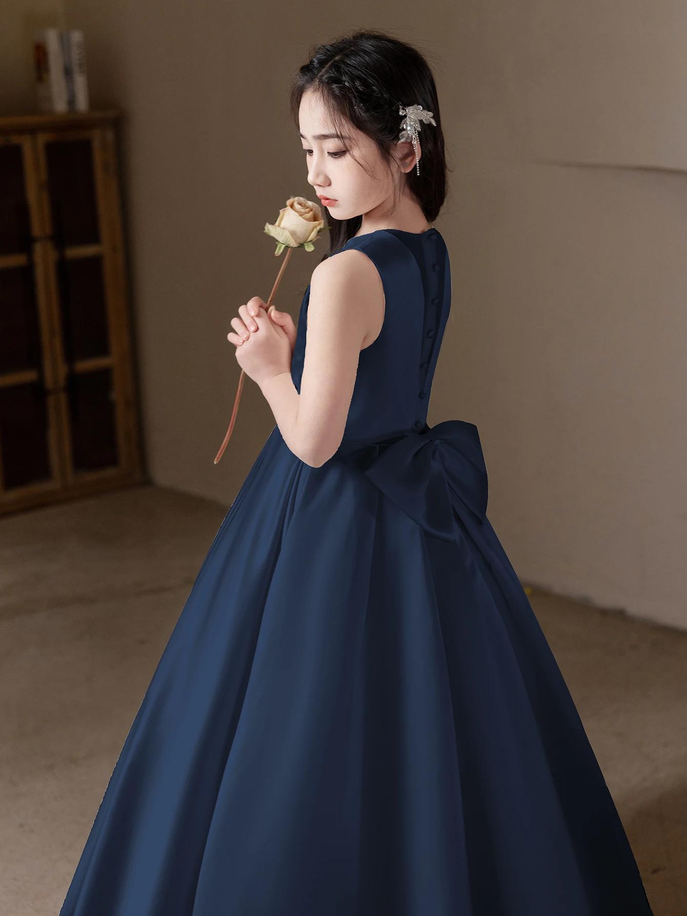 Robe longue bleu roi pour adolescente, robe de soirée, robe de demoiselle d'honneur avec grand nœud,