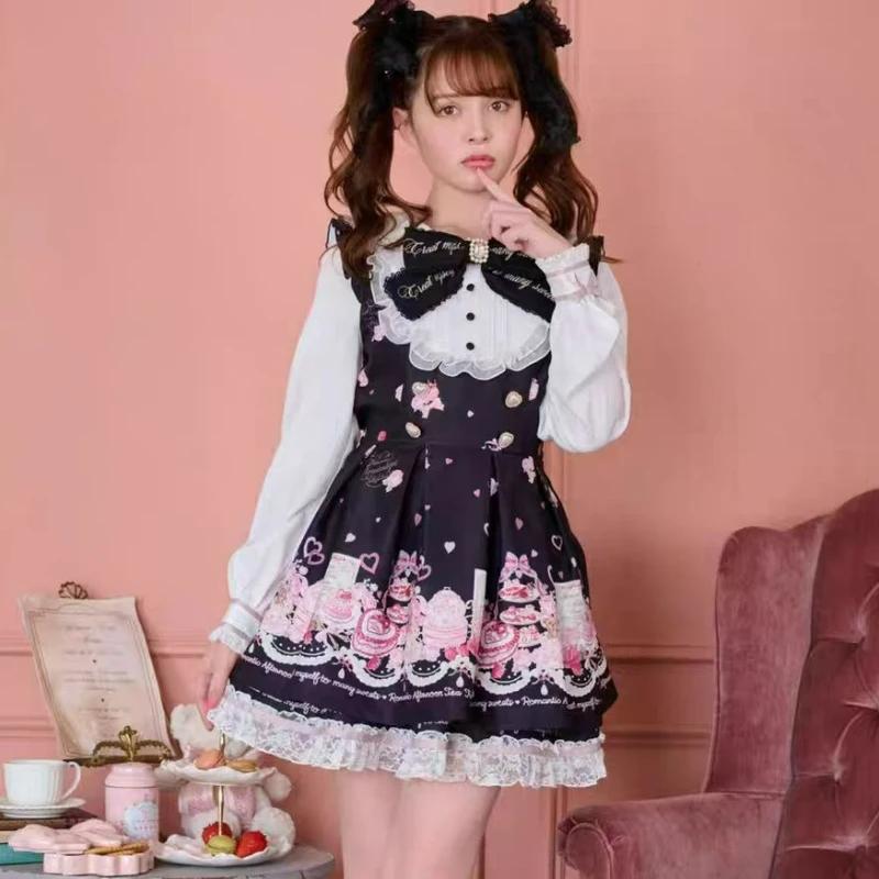 Ensemble robe japonaise Kawaii avec nœud en strass pour femme, style Lolita doux et mignon, chemise