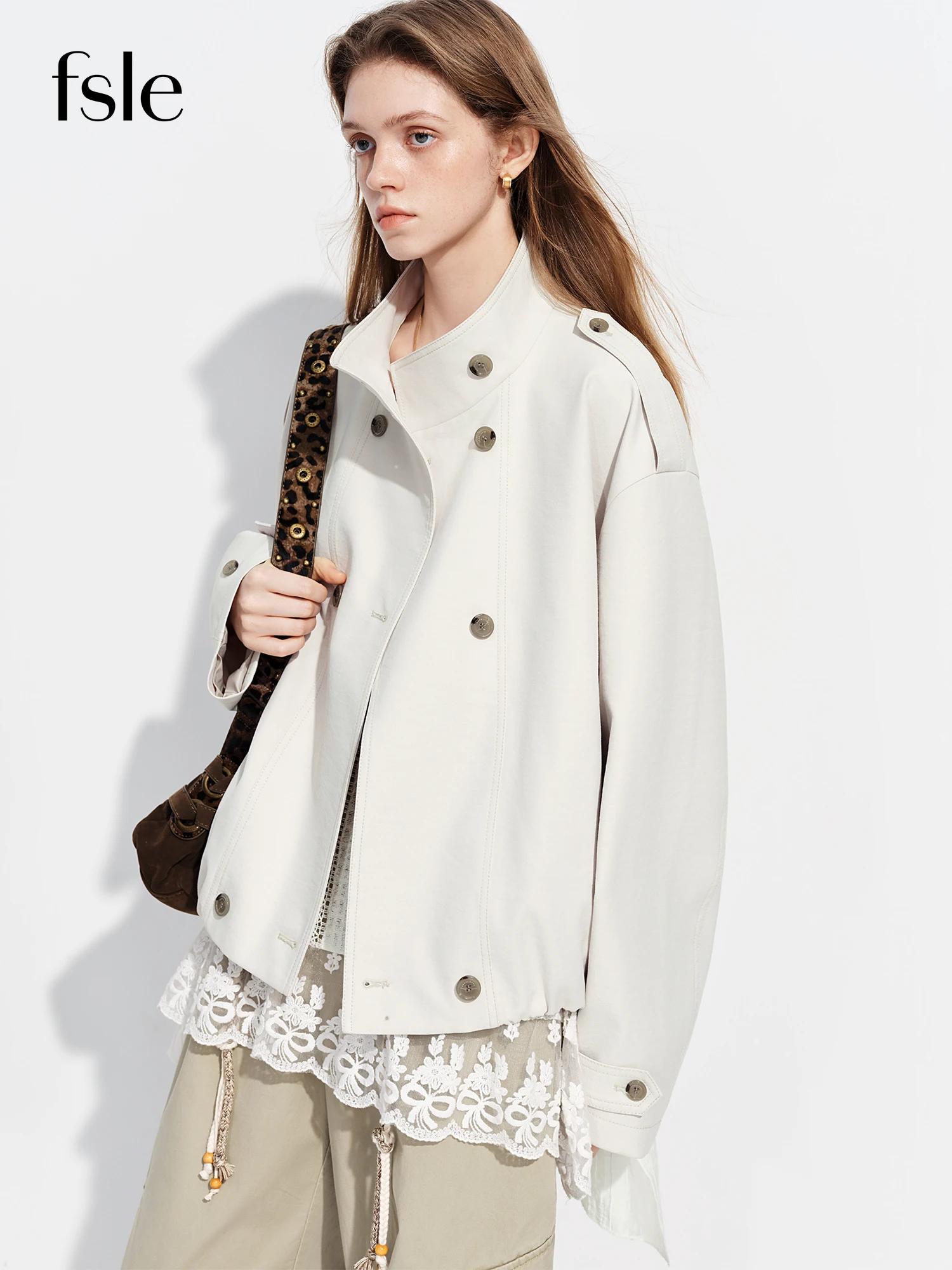 FSLE【Série Premium】Manteau court oversize pour femme en simili cuir marron avec ceinture, veste coup