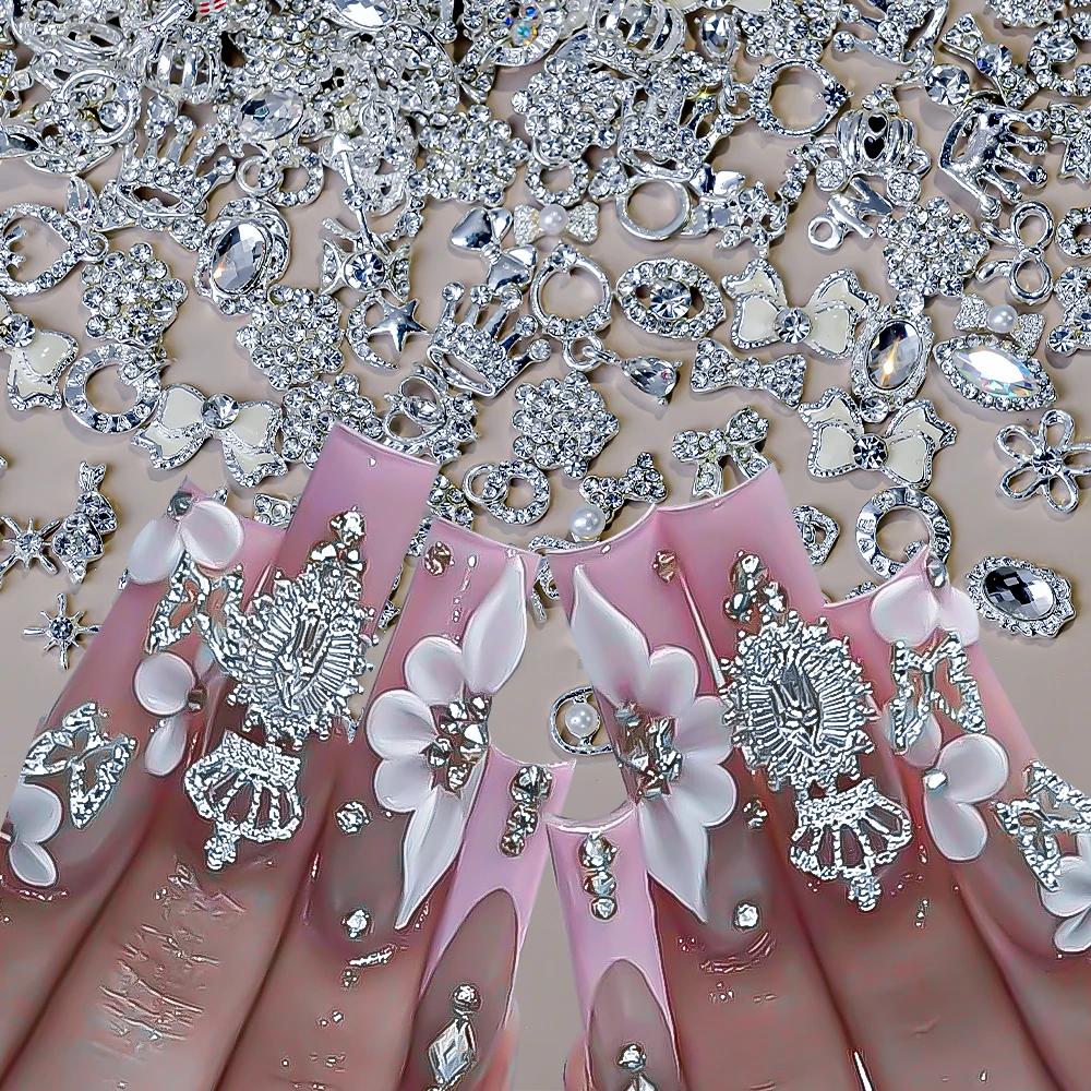 Breloques pour ongles en métal, nœud papillon/couronne en argent 3D, avec pendentif pompon, papillon