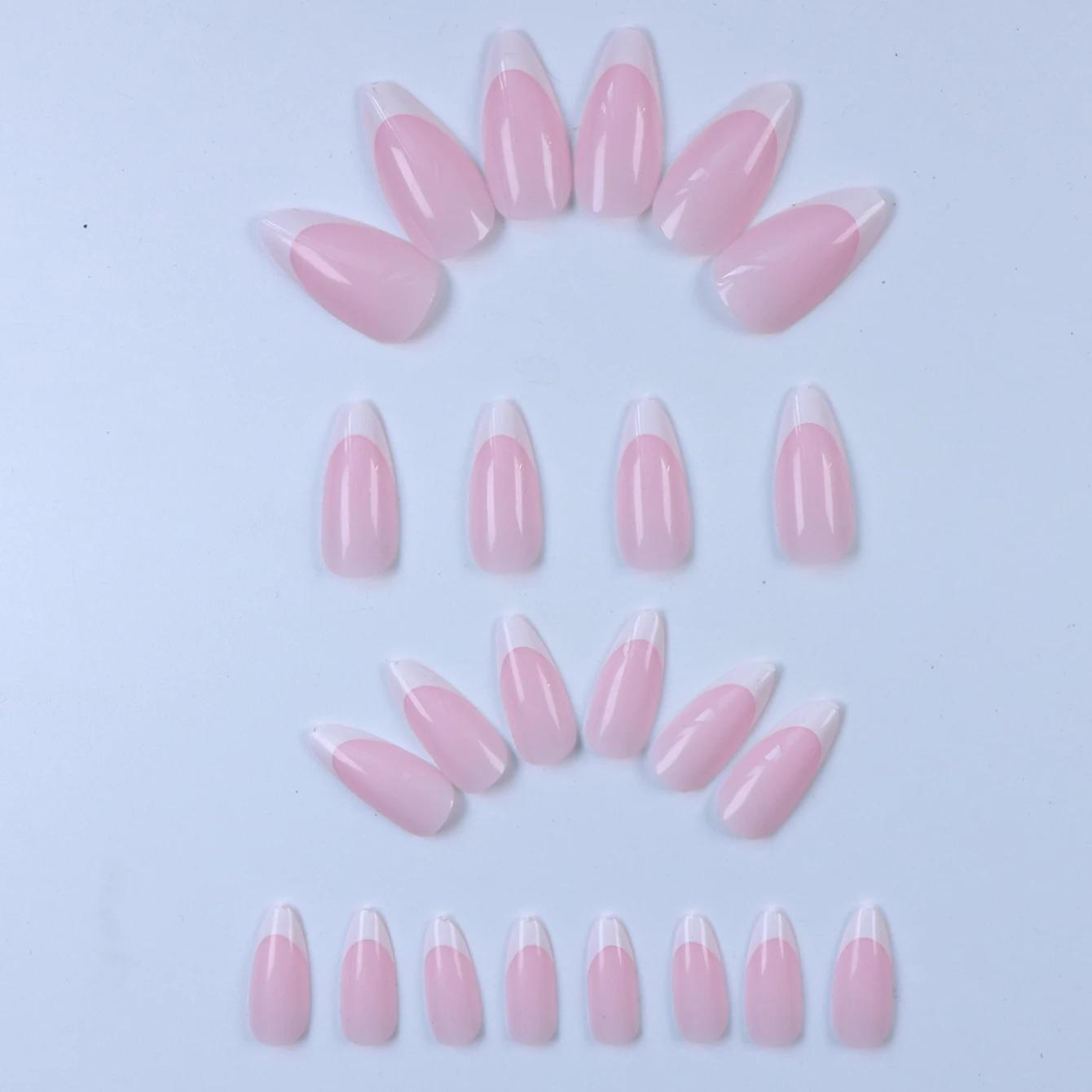 24 pièces-ongles en amande à bordure blanche française-ensemble de Nail Art blanchissant avec faux o