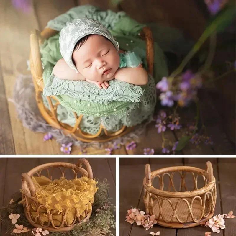 Accessoires de photographie pour nouveau-nés, panier rond tissé en rotin pour bébé, accessoires de p