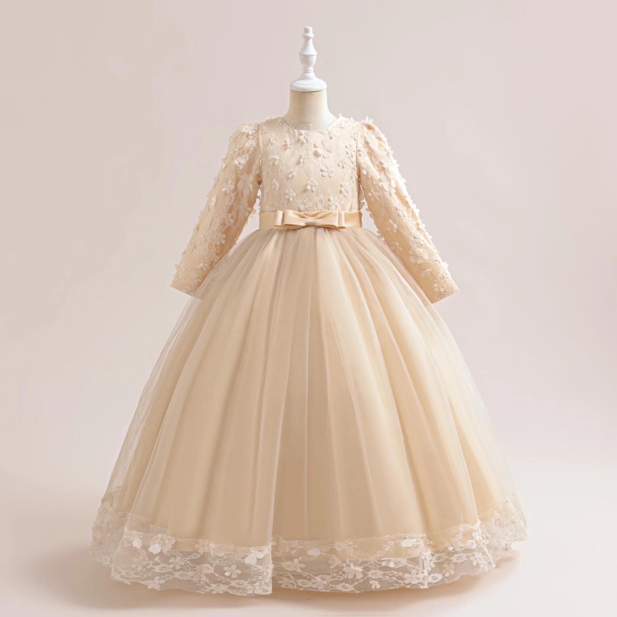 Robe de demoiselle d'honneur à manches longues pour filles, costume de Noël pour enfants, nœud en de