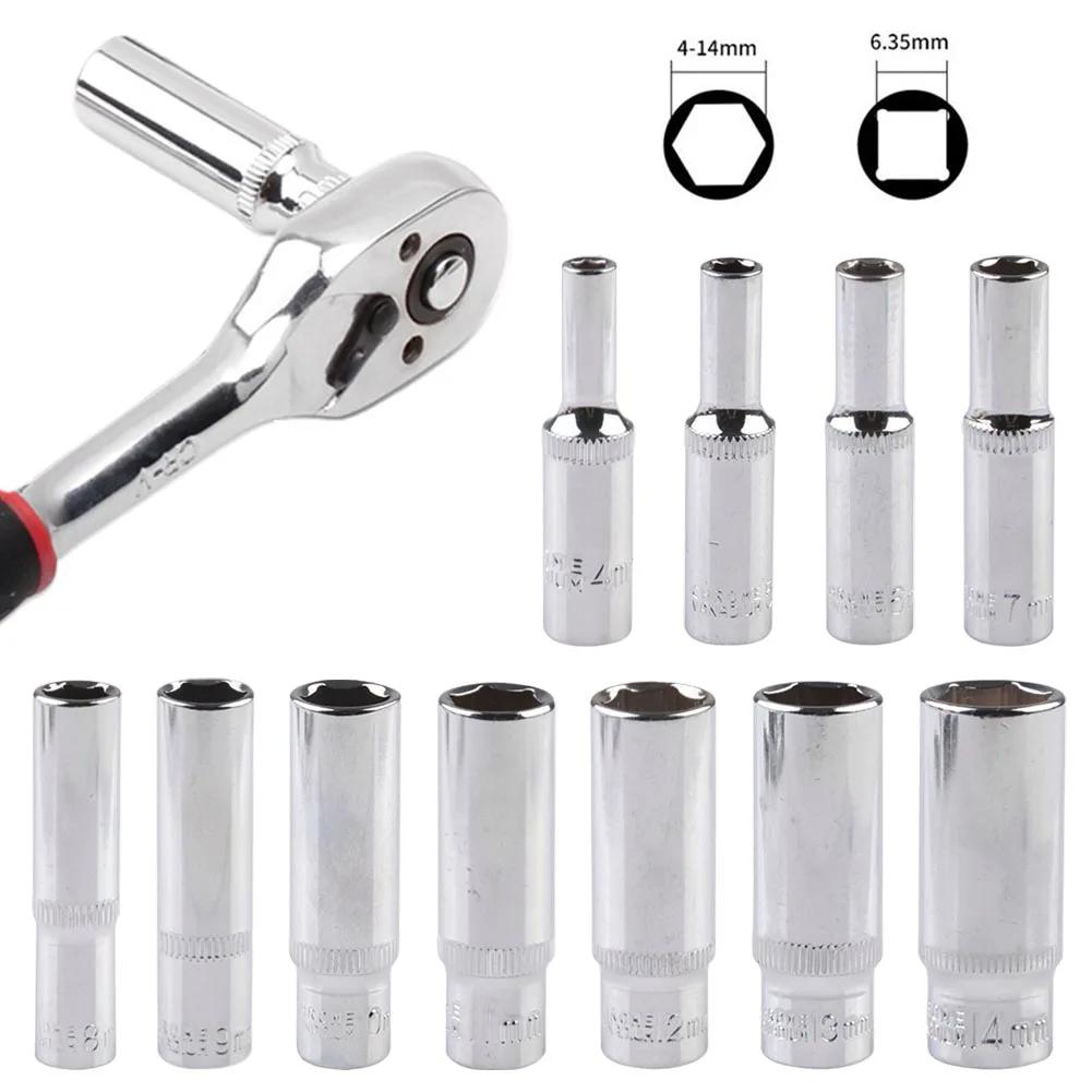 Adaptateur de douille profonde de 4 à 14mm, clé à douille hexagonale de 1/4 pouces, outil à cliquet,