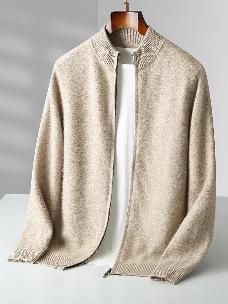 Cardigans en tricot pour hommes, 100% laine mérinos, automne hiver, pull épais à fermeture éclair, c