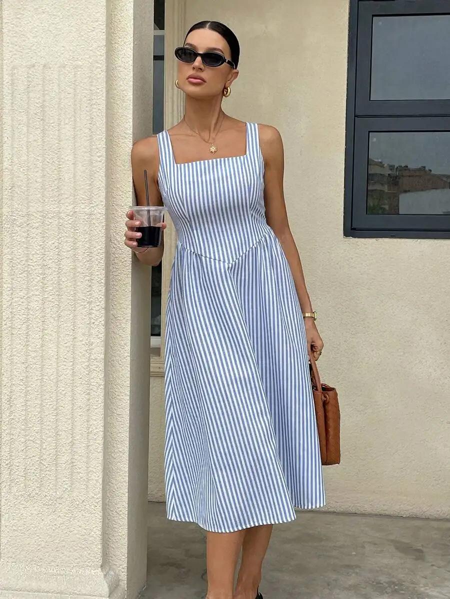Robe midi sans manches à col carré rayée bleu et blanc pour femmes en coton