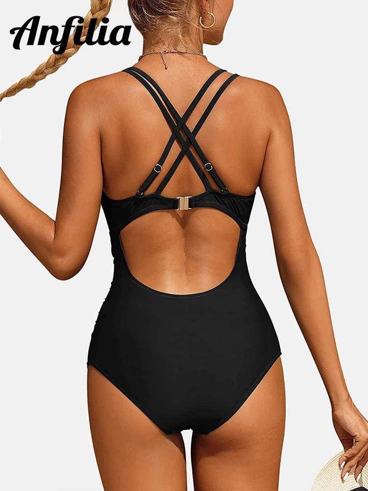 Maillot de bain une pièce Anfilia sexy col V femme - Monokini bretelles croisées dos - Bretelles doubles élégant