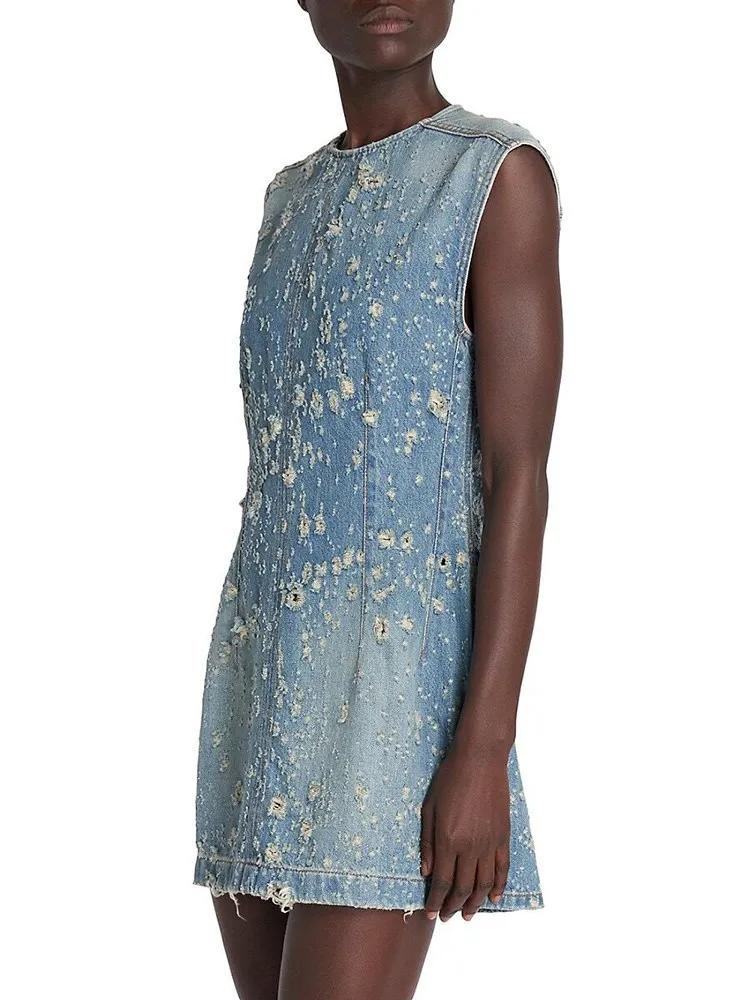 DEUX DEUX STYLE Denim évider robes pour femmes col rond sans manches tunique Patchwork poches Vintag