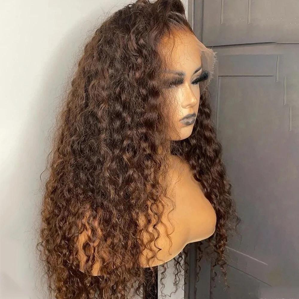 Perruque avant en dentelle ondulée perruque bouclée brun chocolat pré plumée avec des cheveux de béb