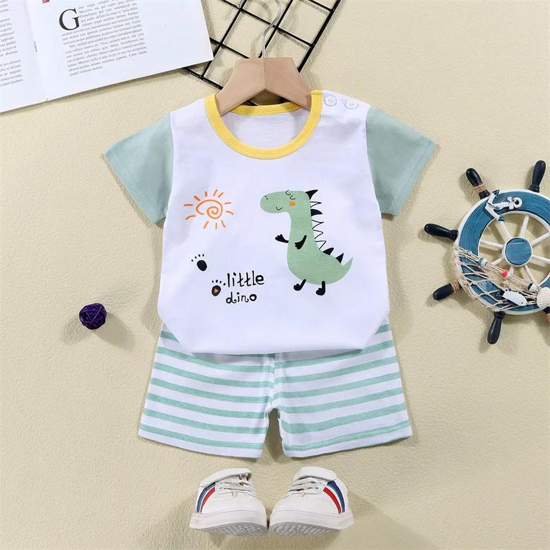 Ensemble de survêtement 2 pièces en coton t-shirts + shorts pour enfants, costume d'été imprimé dino