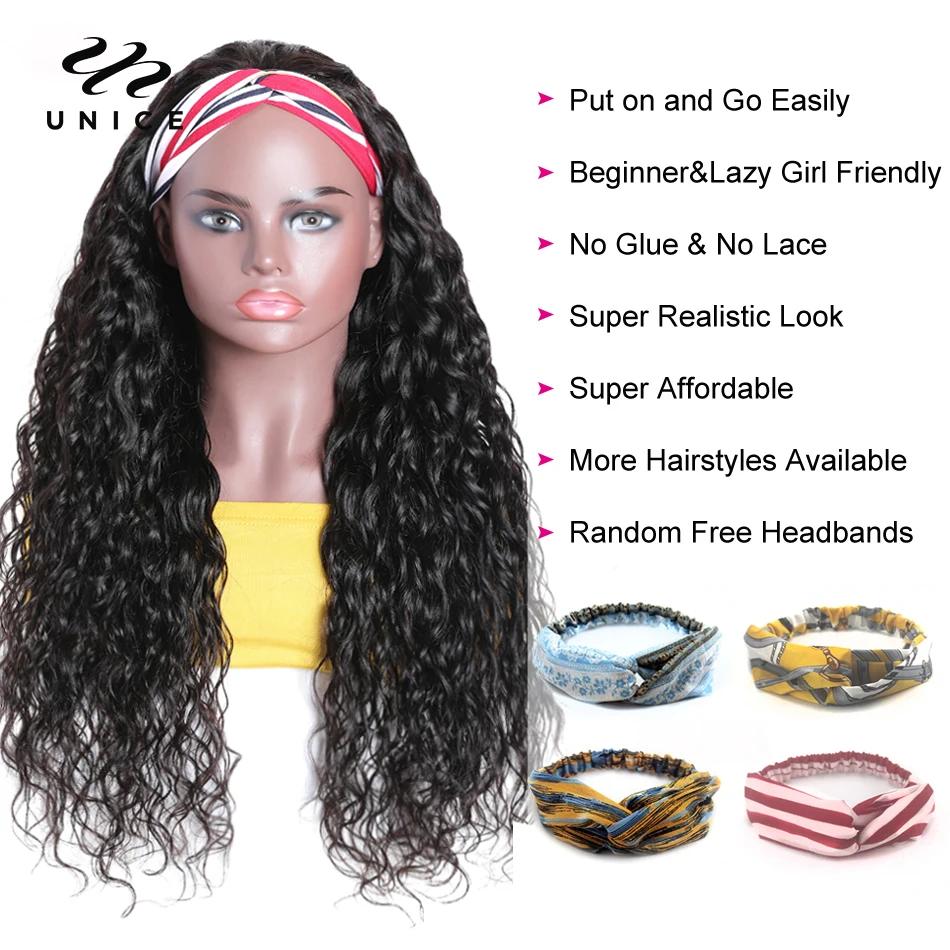 Perruque 100% cheveux naturels ondulés-UNice, prêt à porter, sans colle, avec écharpe