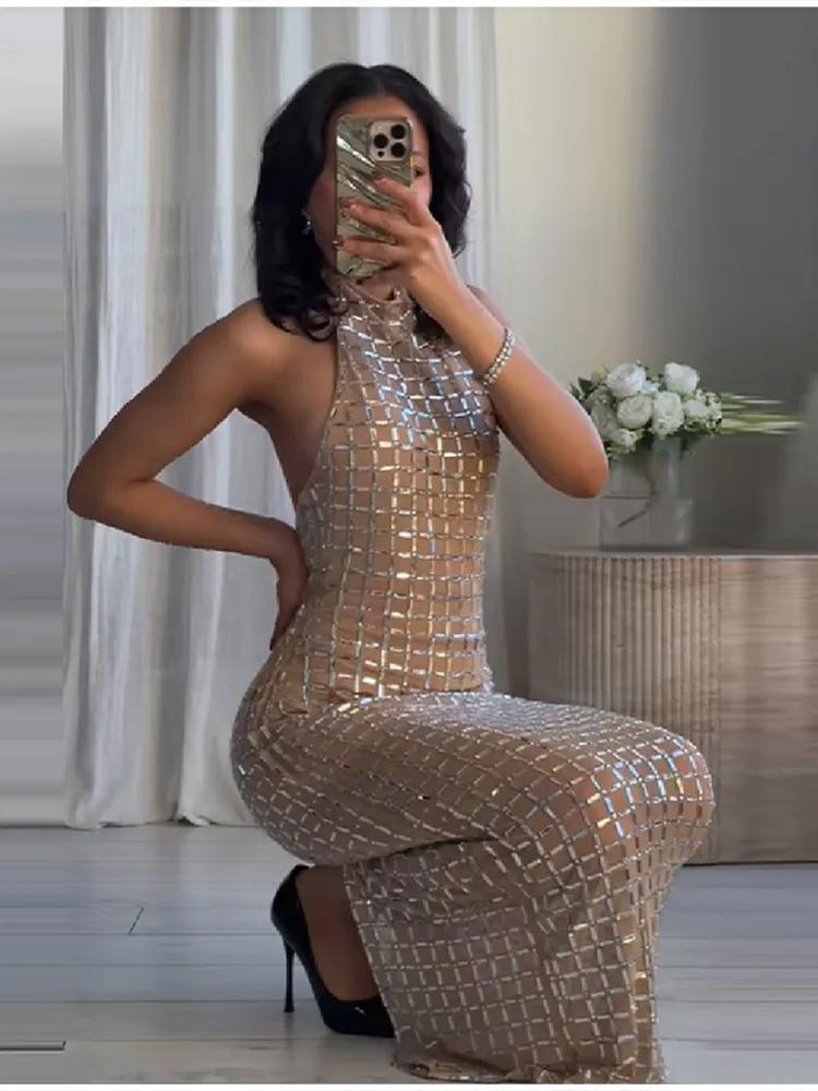 Femmes Sexy Flash motif à carreaux jupe longue élégant cou suspendu dos nu coupe ajustée Robe longue