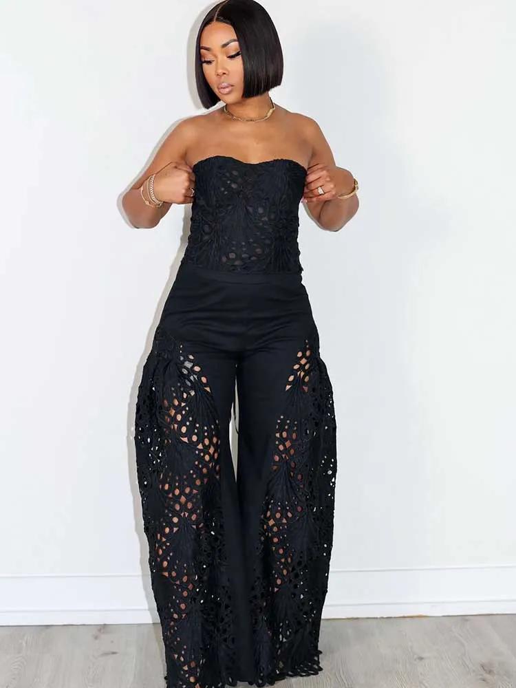 Ensemble deux pièces en dentelle pour femmes, vêtements élégants, col en V, Sexy, sans bretelles, ha