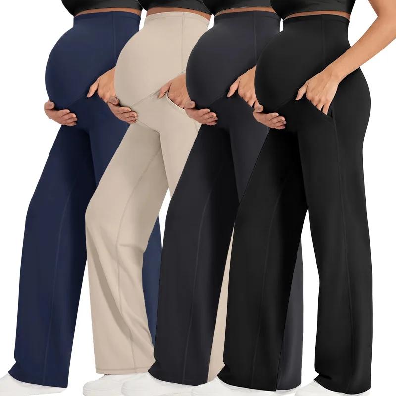 Nouveau pantalon de maternité pour femmes, couleur unie, jambes larges, taille haute, ample, décontr