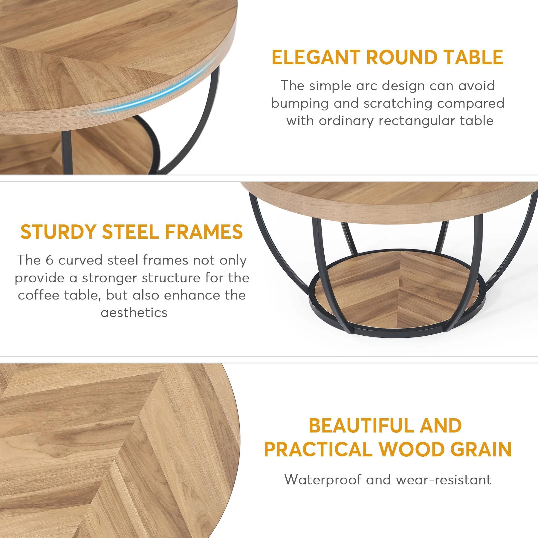 Tribesigns-Table basse ronde industrielle à 2 niveaux avec étagères de rangement, table d'appoint de