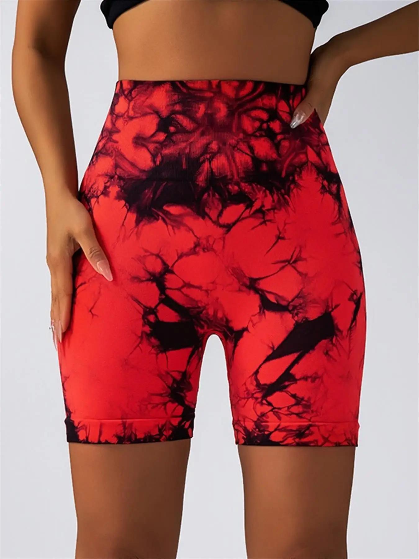 Short de sport froncé taille haute imprimé Tie Dye pour femmes, short slim décontracté, confortable