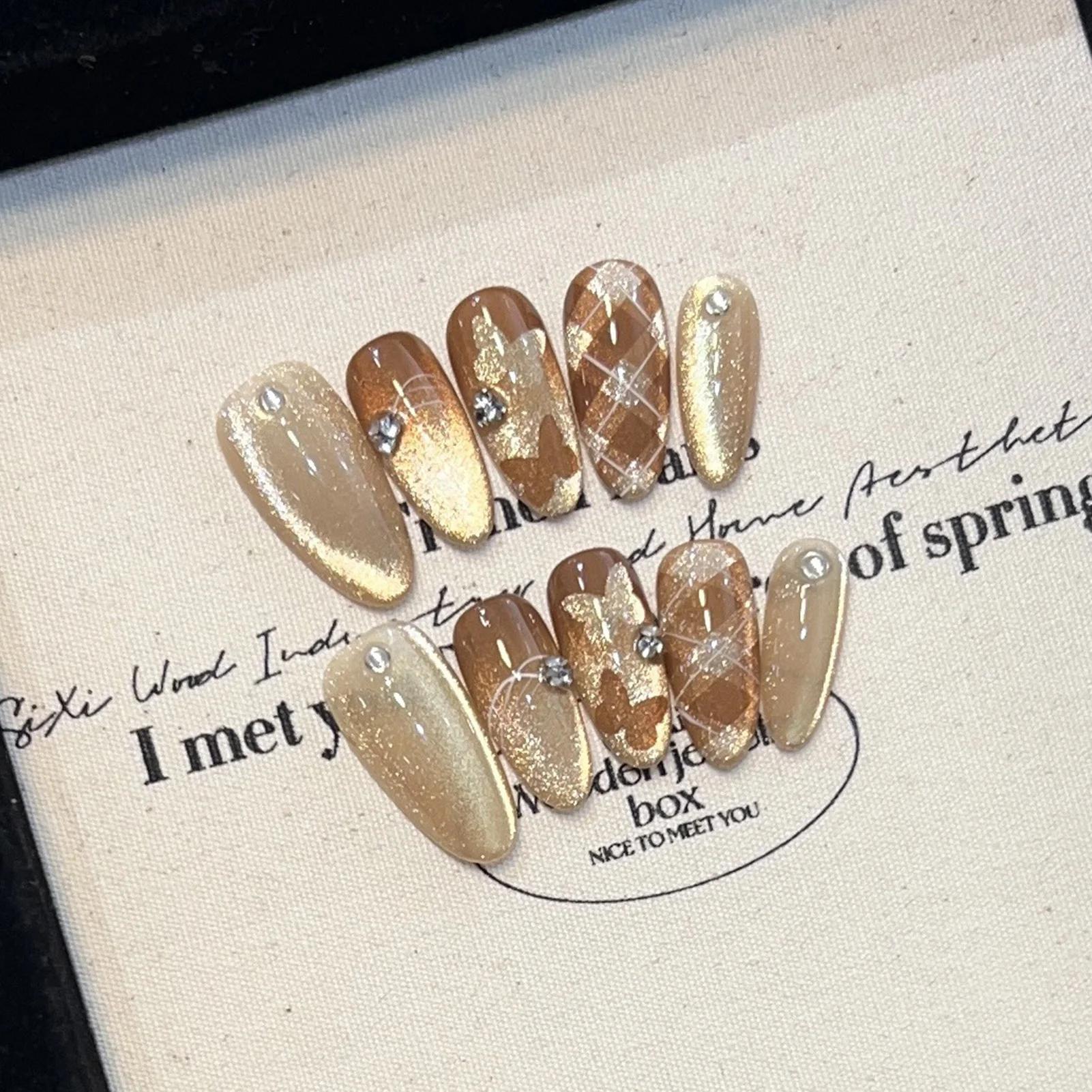 10 pièces yeux de chat presse sur ongles avec Flash strass amande faux ongles grilles papillon brico