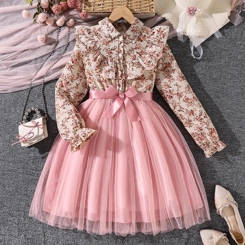 Robe de Style paysan pour filles de 8 à 12 ans, imprimé Floral, revers, ourlet en maille rose, douce