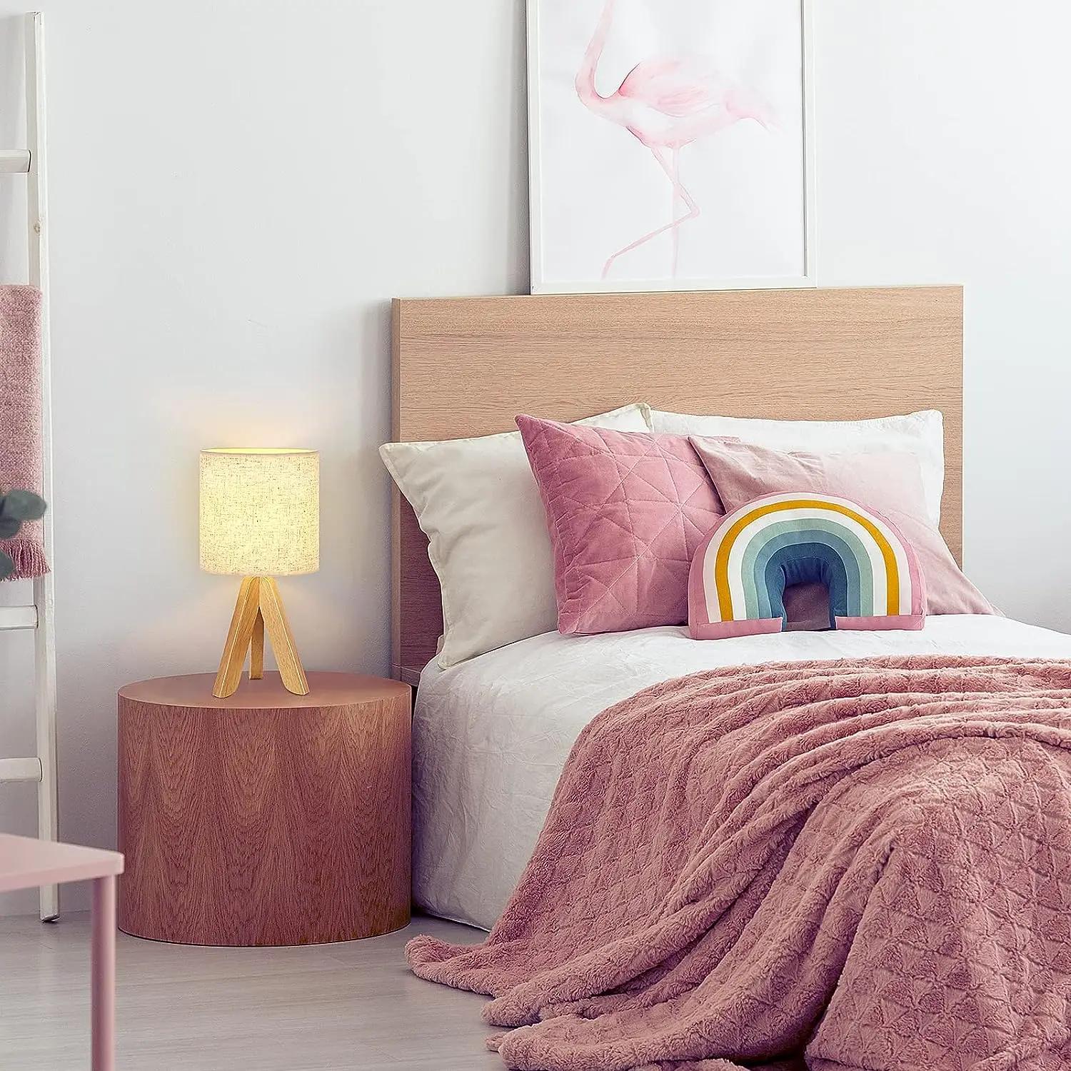 Lampe de Table en Bois et Lin pour Chambre à Coucher, Abat-Jour de oral et
