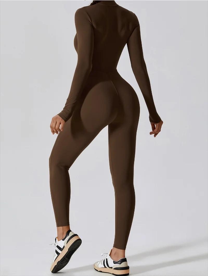 Combinaison de yoga longue intégrée à demi-zip, couleur unie, sexy, manches longues, vêtements de sp