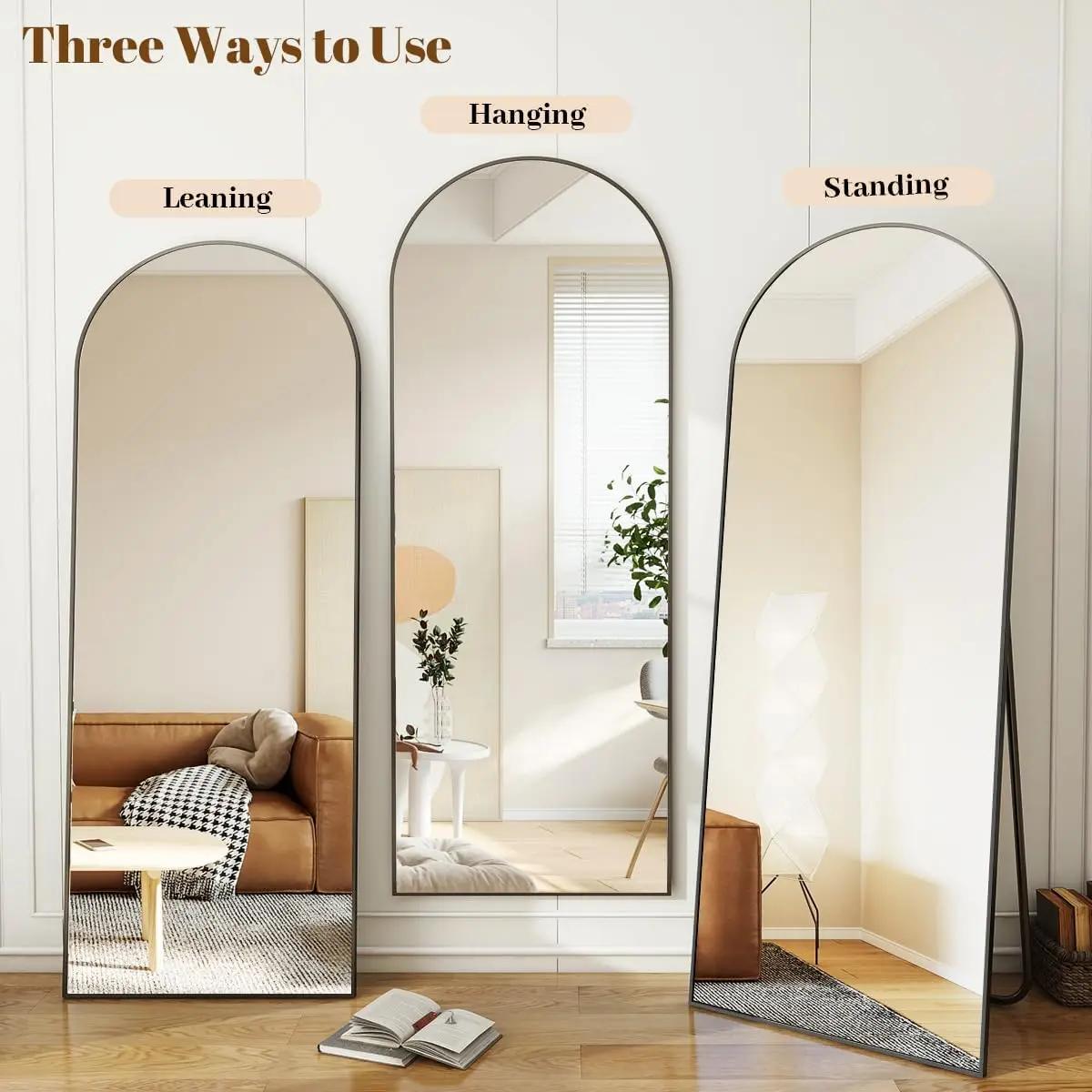 Miroir pleine longueur arqué, grand miroir de sol avec cadre en alliage d'aluminium, miroir sur pied
