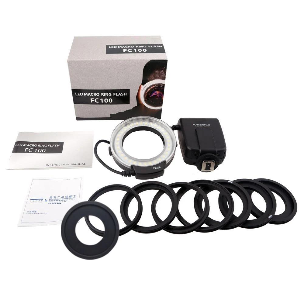 Meike – bague Flash Macro LED FC-100 avec 8 adaptateurs, pour Canon, Nikon, Pentax, Olympus, Panason