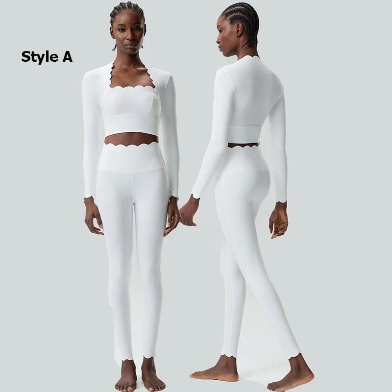 Ensemble de yoga fitness deux pièces pour femmes, couleur unie, manches longues, tenue de sport ajus