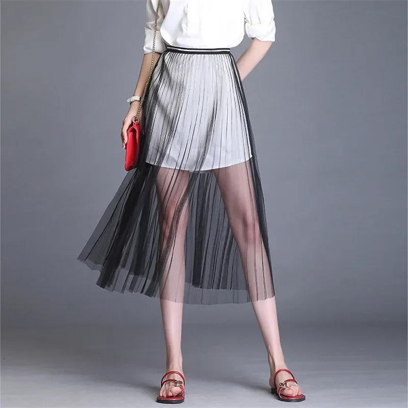 Femmes Sexy maille dentelle Transparent longue Tulle jupe mode coréenne été dames élastique taille h