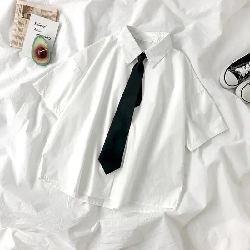 Chemise blanche pour femmes, chemisier à revers à manches courtes avec cravate, mode japonaise pour