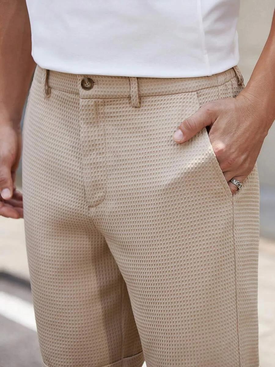 Shorts pour hommes à texture gaufrée, coupe slim, couleur unie, taille à boutons, décontractés d'été