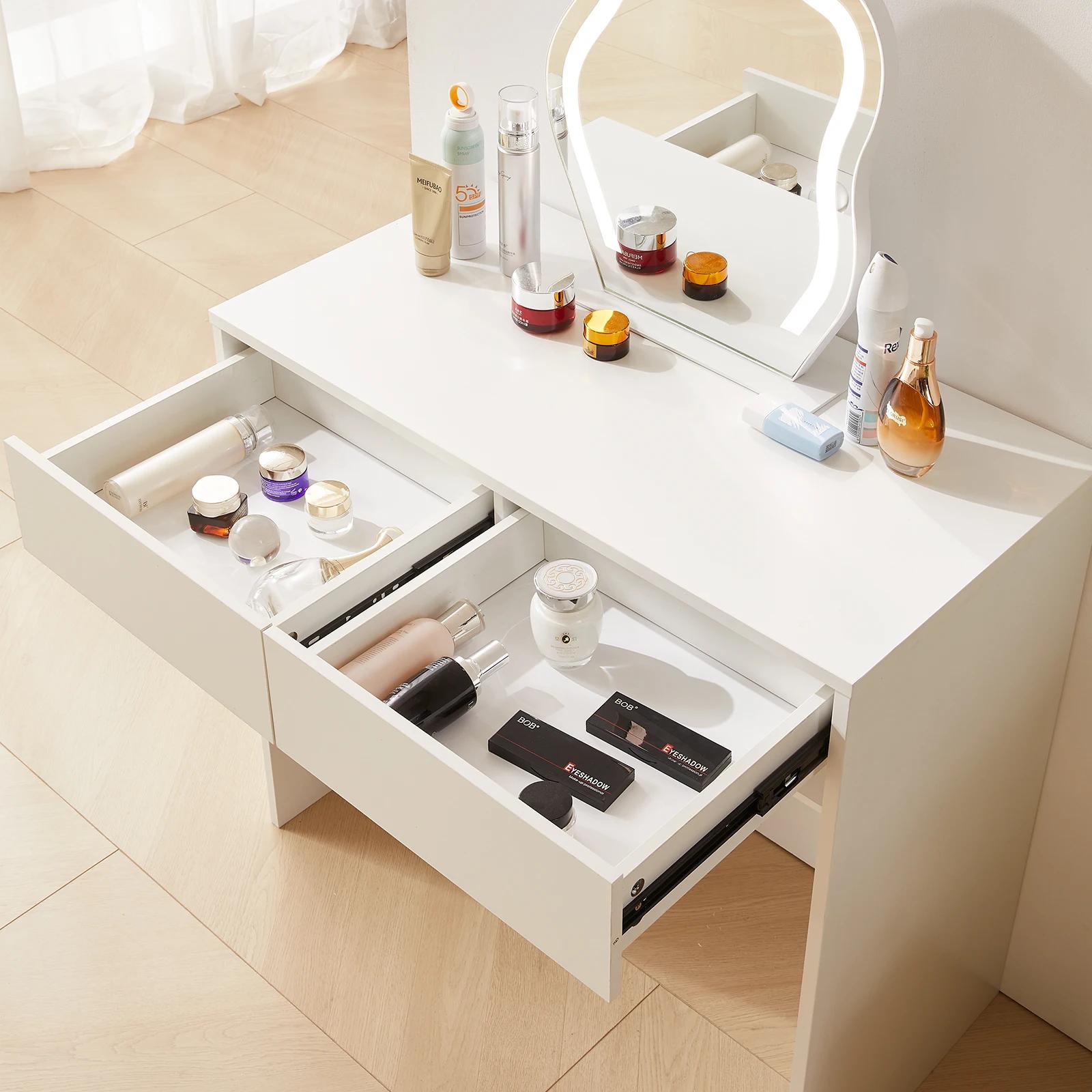 Ensemble de commode avec miroir et bande lumineuse, commode de maquillage blanche avec 2 portes de p
