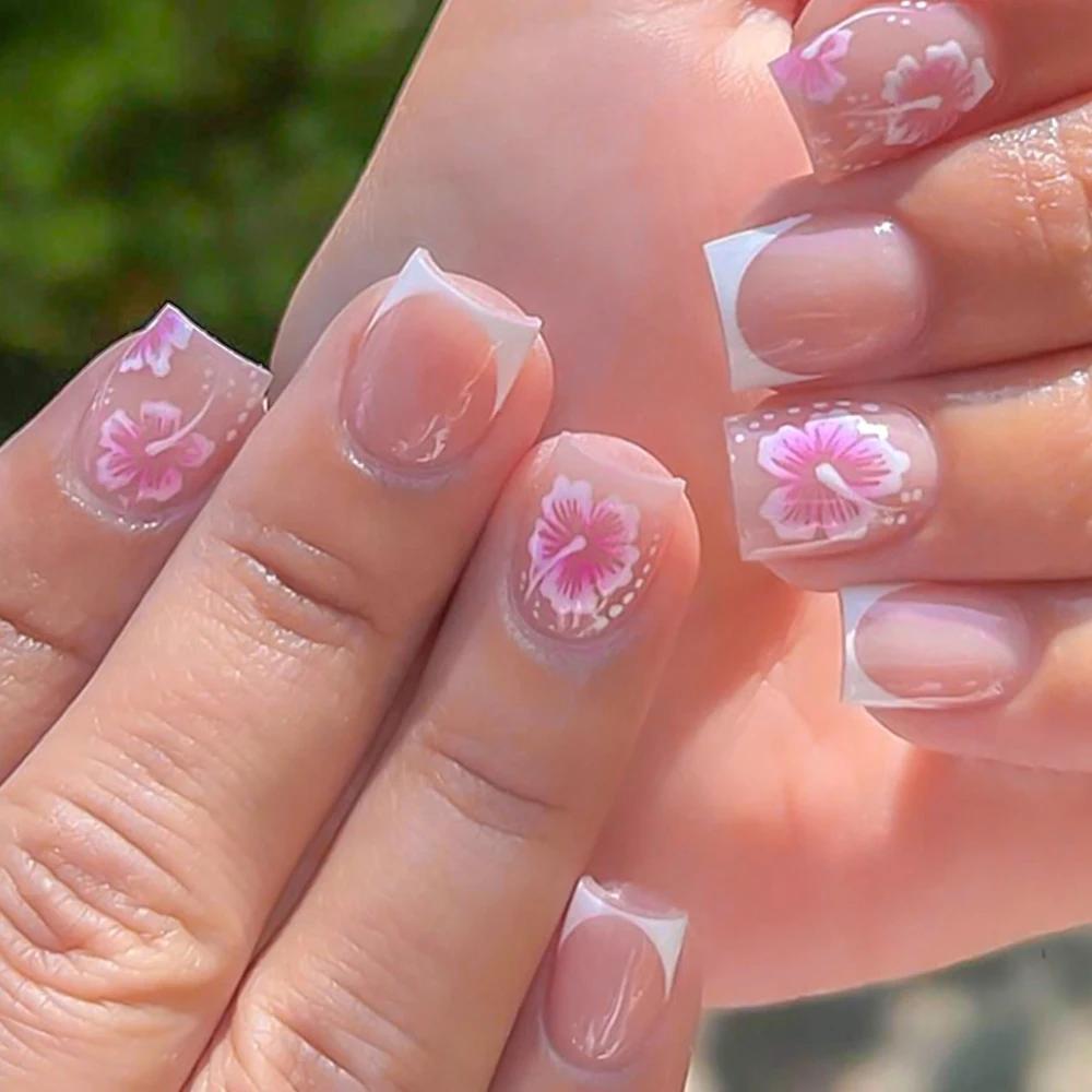 24 pièces blanc rose fleur acrylique faux ongles court carré français faux ongles portable couvertur