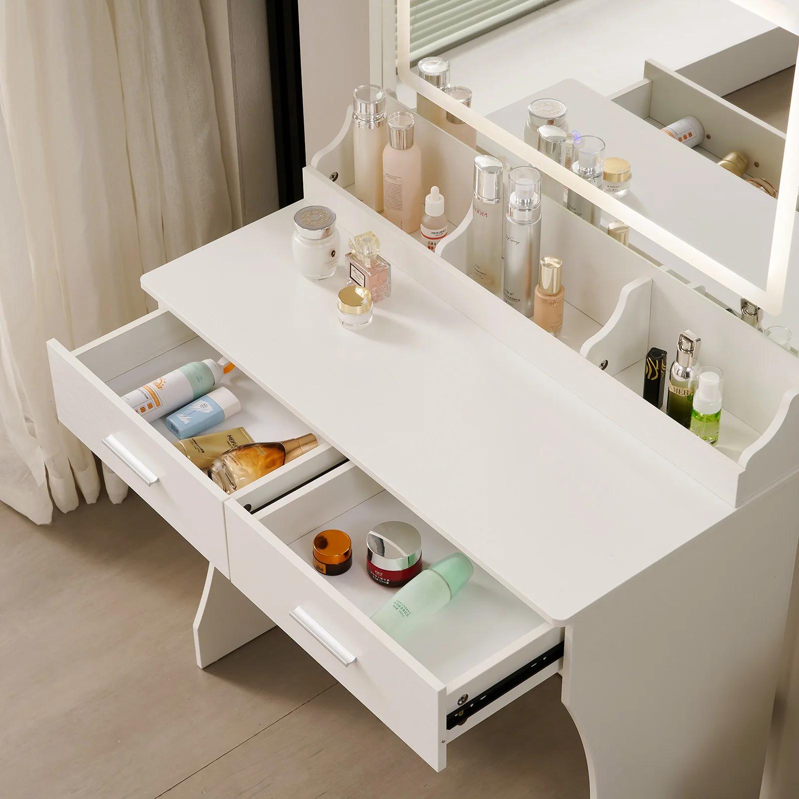 Bureau de maquillage avec lumières, vanity avec miroir ouvrable et 3 documents à intensité variable,