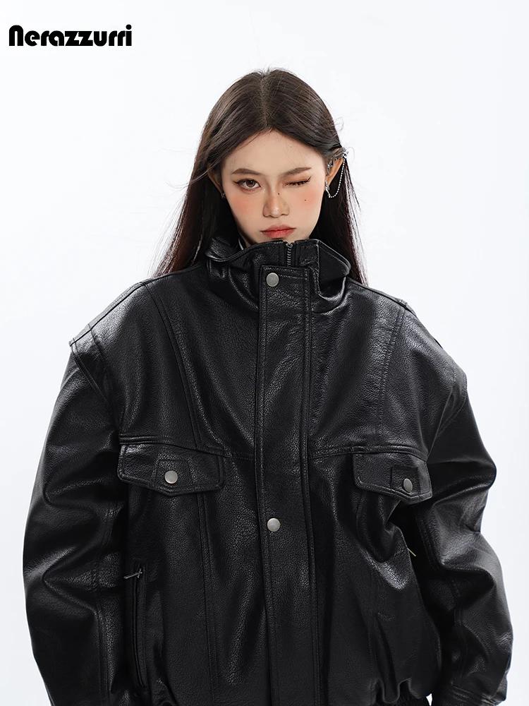 Nerazzurri – veste en cuir Pu noir pour femme, vêtement surdimensionné, coupe-vent, épais, fermeture