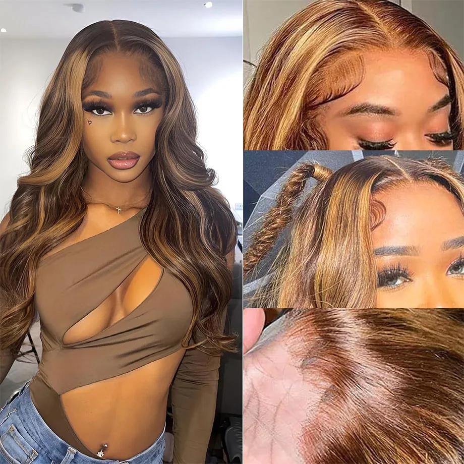 Perruque brésilienne de cheveux humains colorés pour femmes, vague profonde en surbrillance, dentell