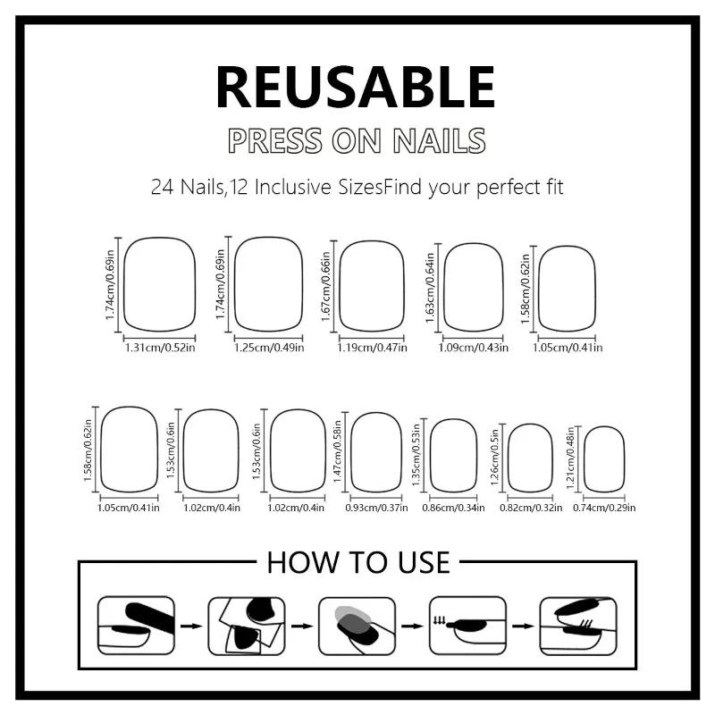 Faux ongles à pression pour chaton noir et blanc, 24 pièces, carrés, amovibles, portables, faits à l