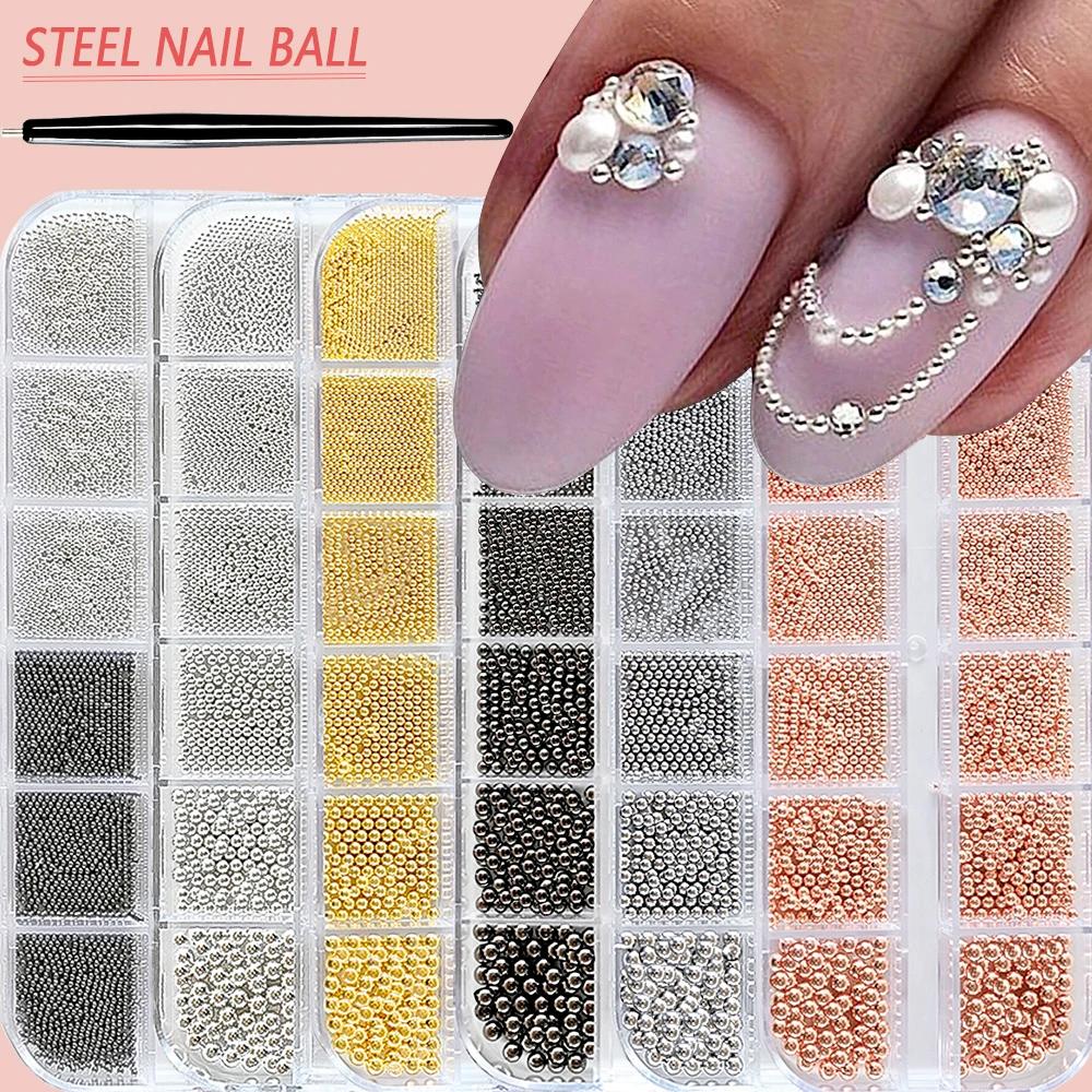 Mini perles de Caviar à 12 grilles, décorations pour Nail Art, Micro boule en métal or/argent, brelo