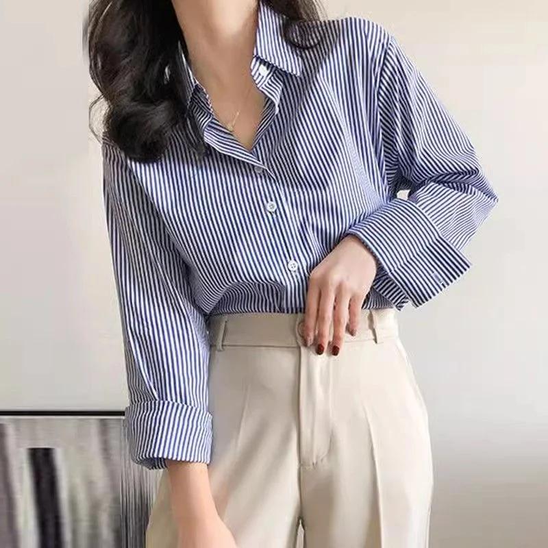 Classique rayé femme printemps automne Blouses chemise dame longue lanterne manches col montant lâch