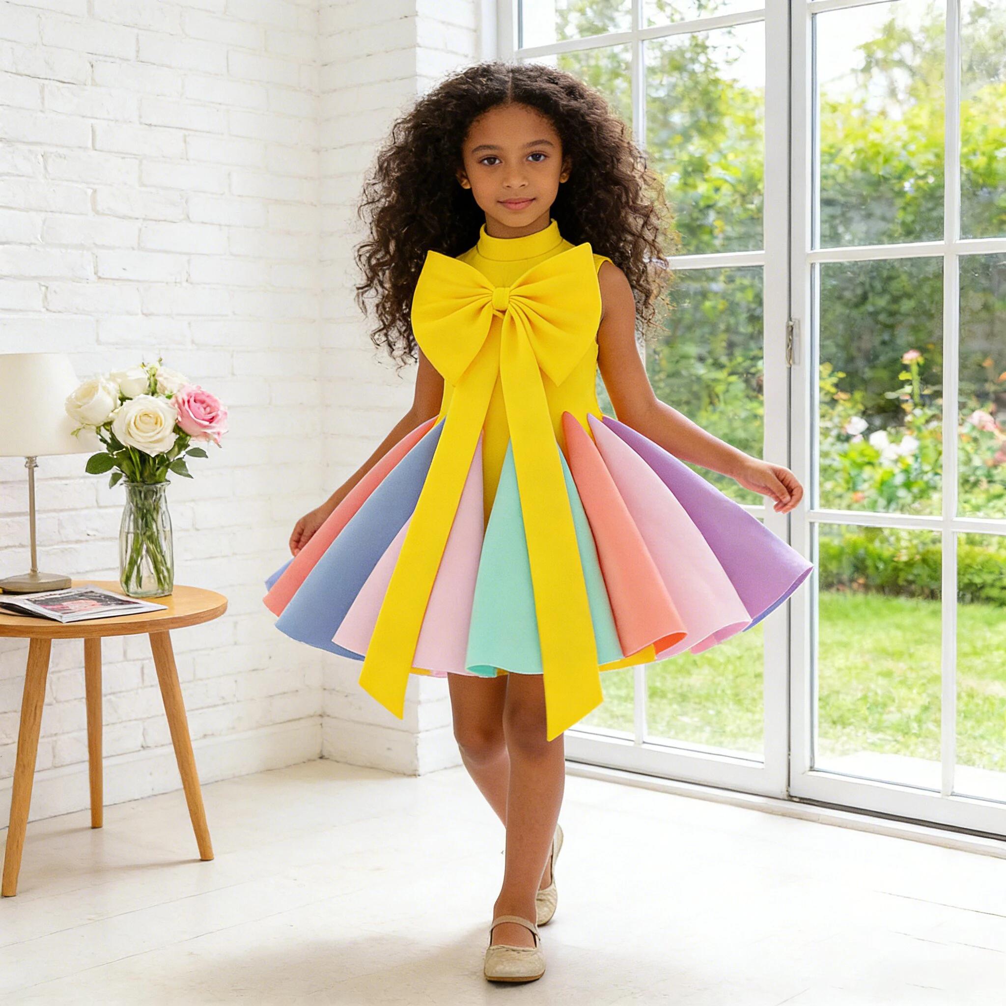 Robes de demoiselle d'honneur colorées d'été pour filles, élégantes robes de princesse avec nœud pou
