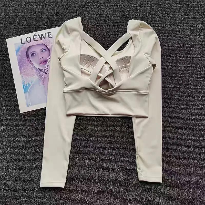 Dos nu, avec coussinets de poitrine, T-shirt de Yoga à manches longues antichoc, haut de sport respi