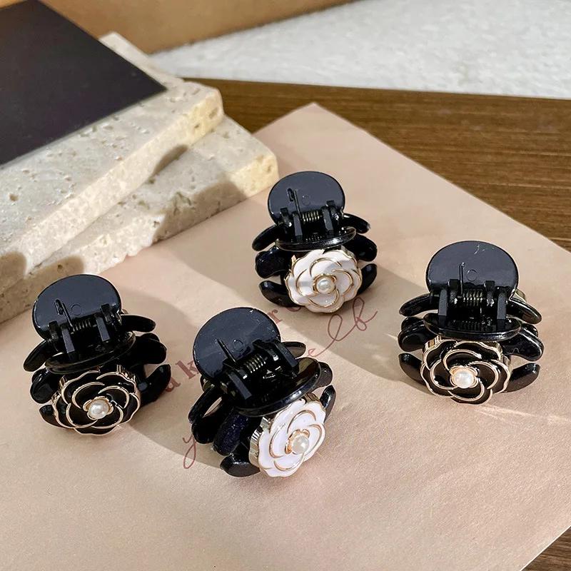 Mini griffes de cheveux à fleurs noires, pince à cheveux camélia de tempérament élégant, pince latér