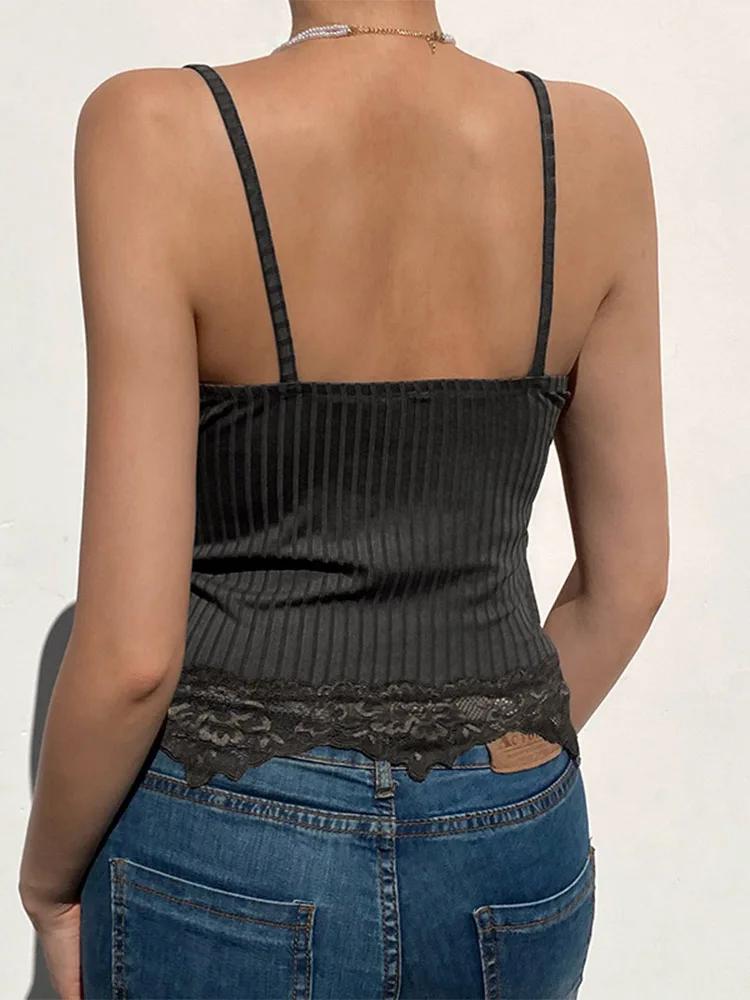 Gothique basique moulante femmes Camis Grunge Punk noir décontracté dentelle garniture culture hauts