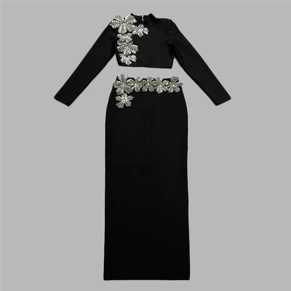 Ensemble deux pièces pour femmes, Sexy, diamants, manches longues, hauts, jupes, vêtements d'automne