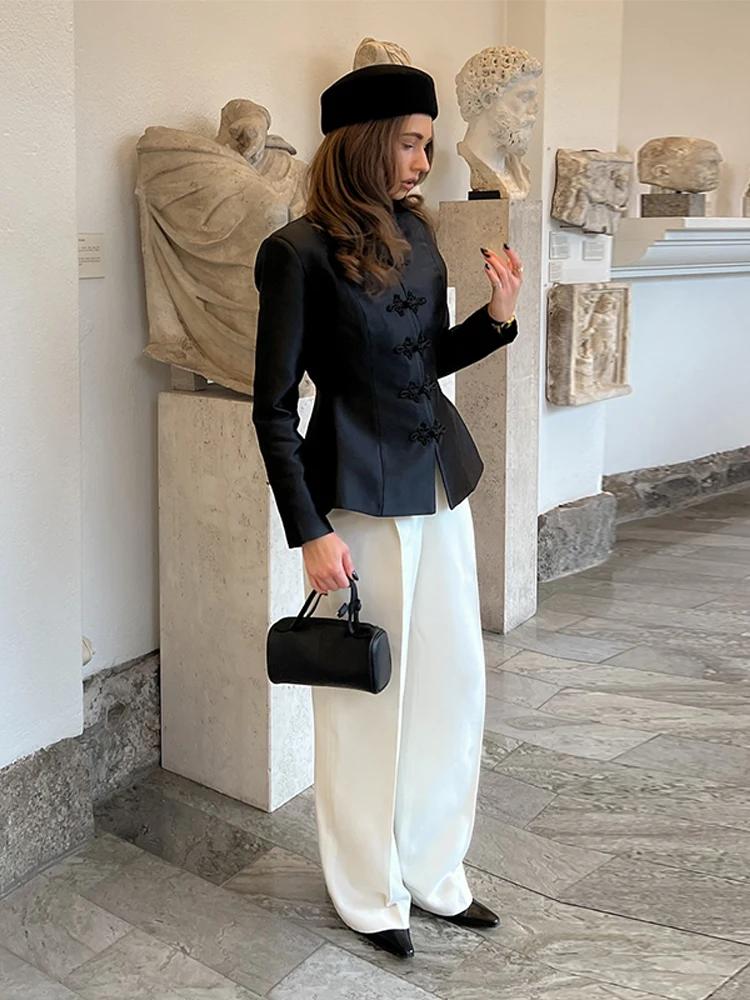 Veste élégante en satin à boutons grenouillère pour femme, col montant chinois, coupe ajustée, colle
