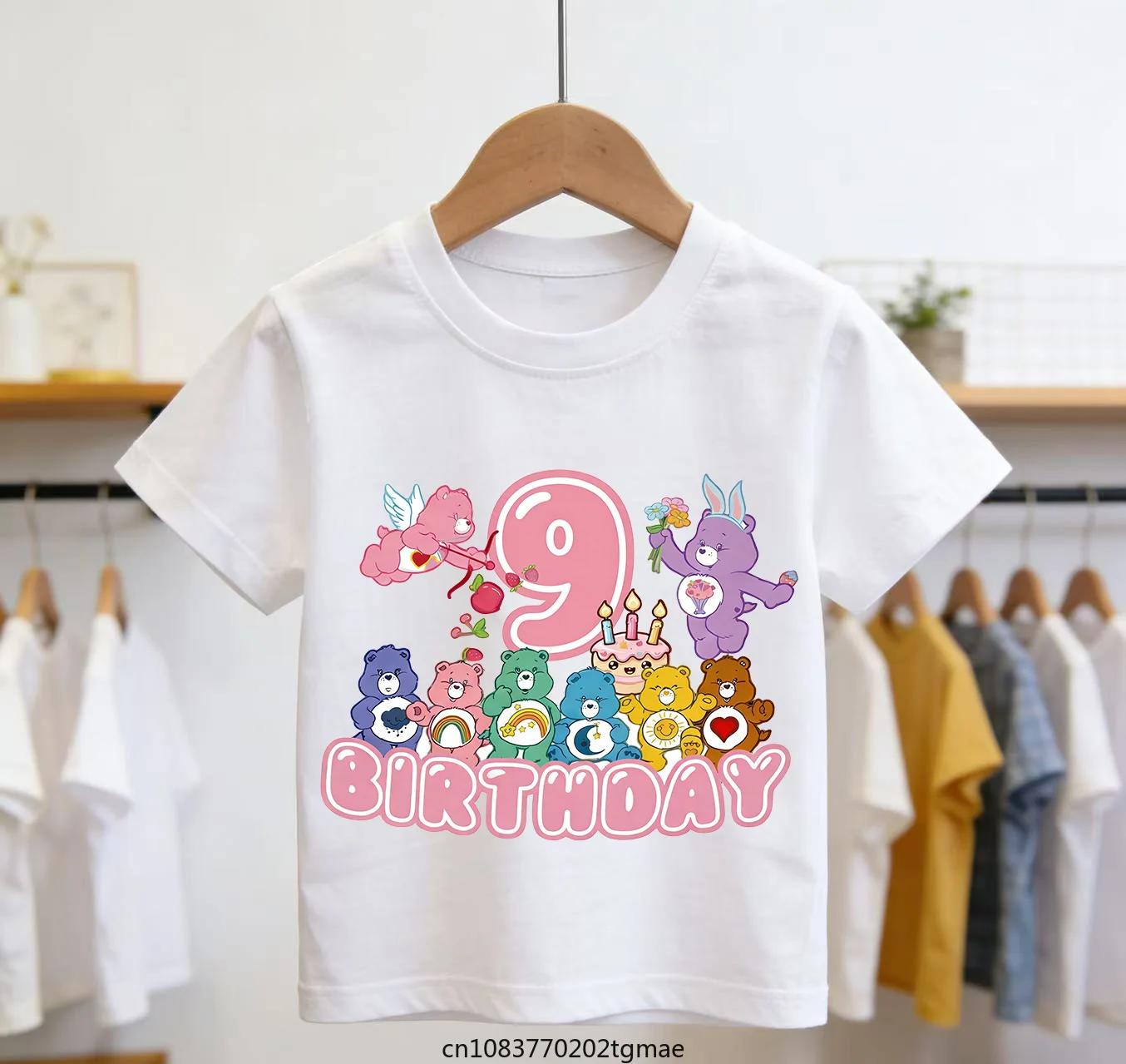 T-shirt à manches courtes pour filles, avec numéro d'anniversaire, motif Care Bear, pour enfants, ét