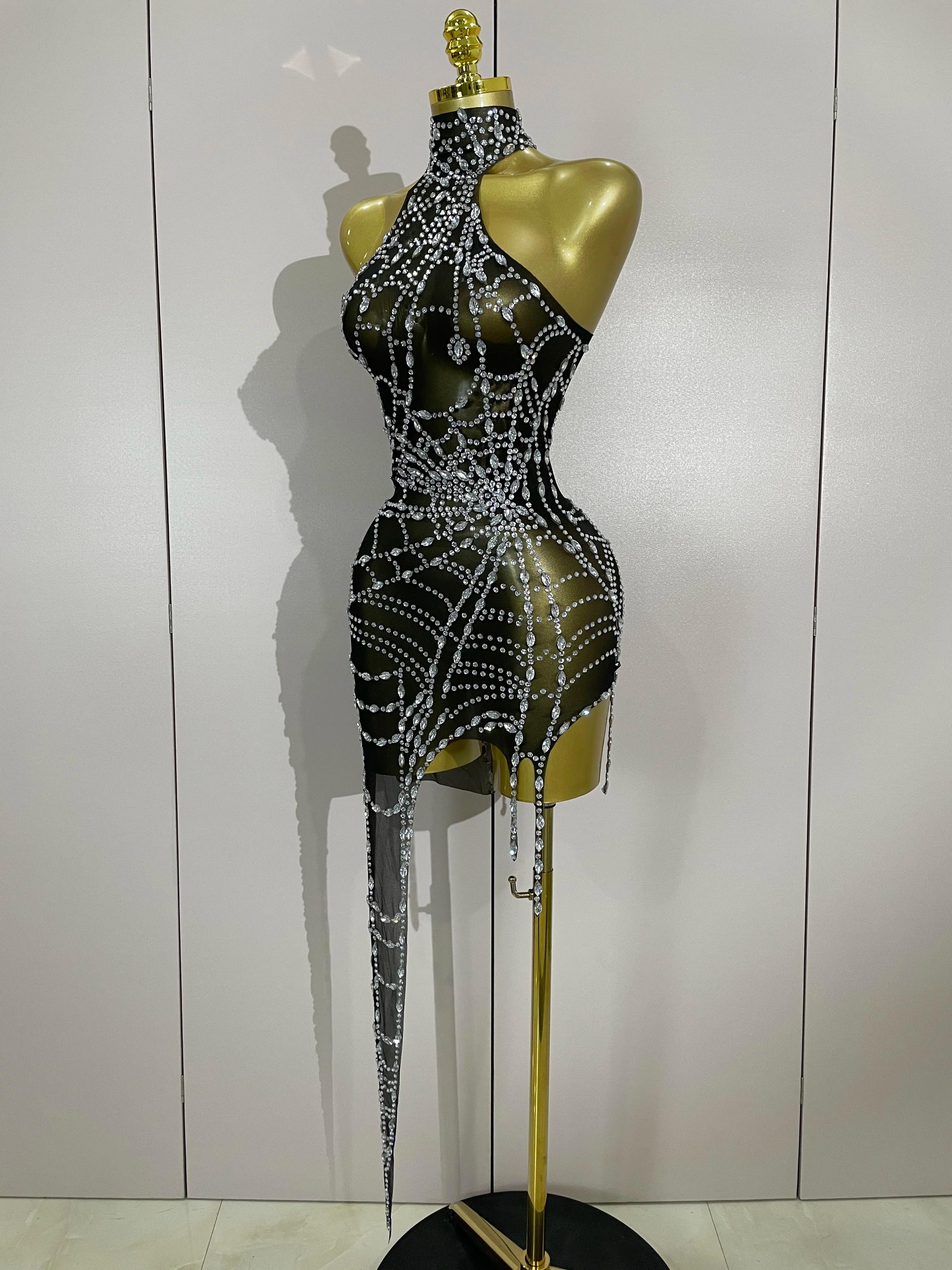 STOCK brillant diamant Sexy maille asymétrique moulante Mini robe femmes discothèque Bar fête specta