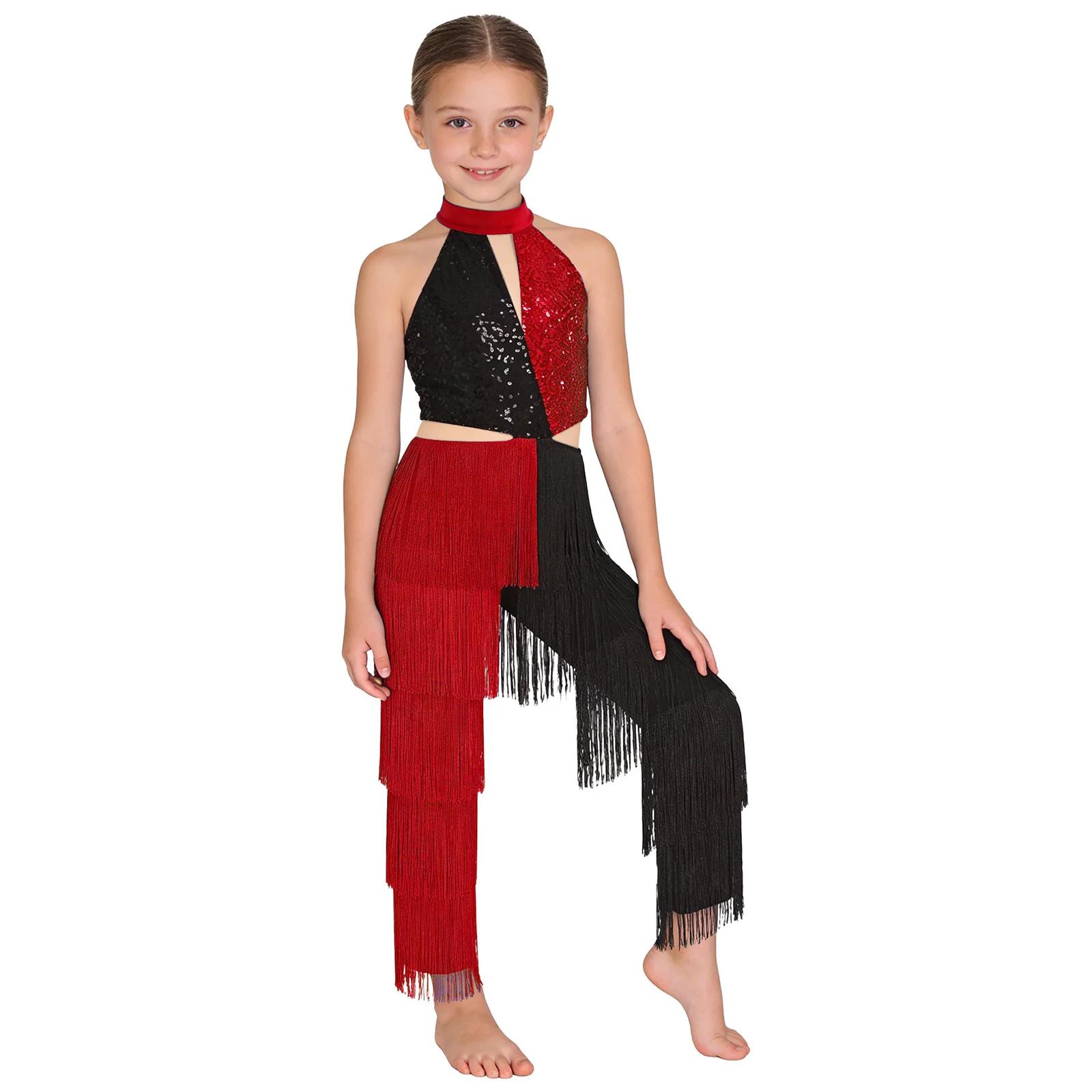Combinaison de danse latine à paillettes pour filles, col licou, Costume Disco, body sans manches, b