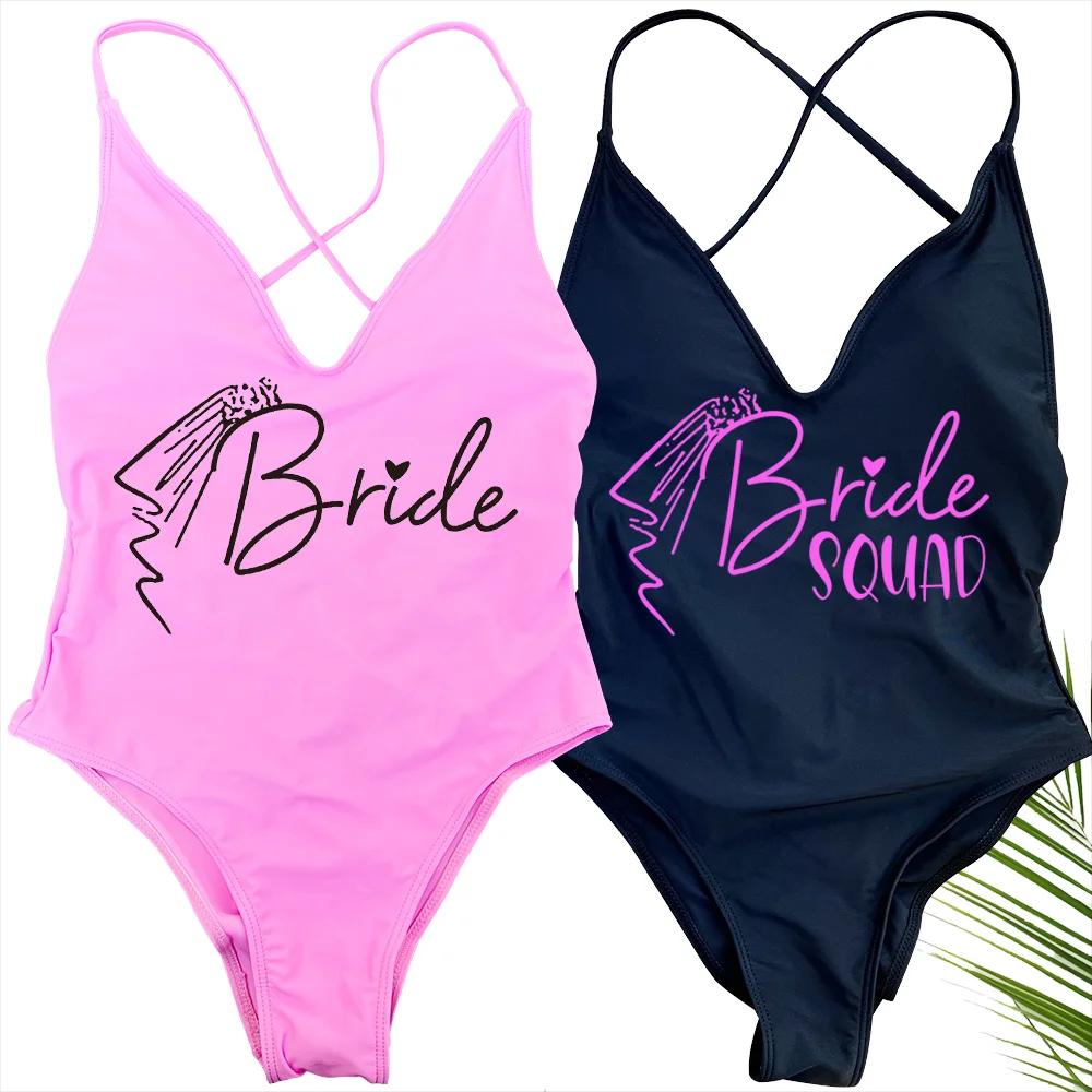 Voile rembourré une pièce maillot de bain mariée SQUAD lettre maillot de bain imprimé femmes Bikini